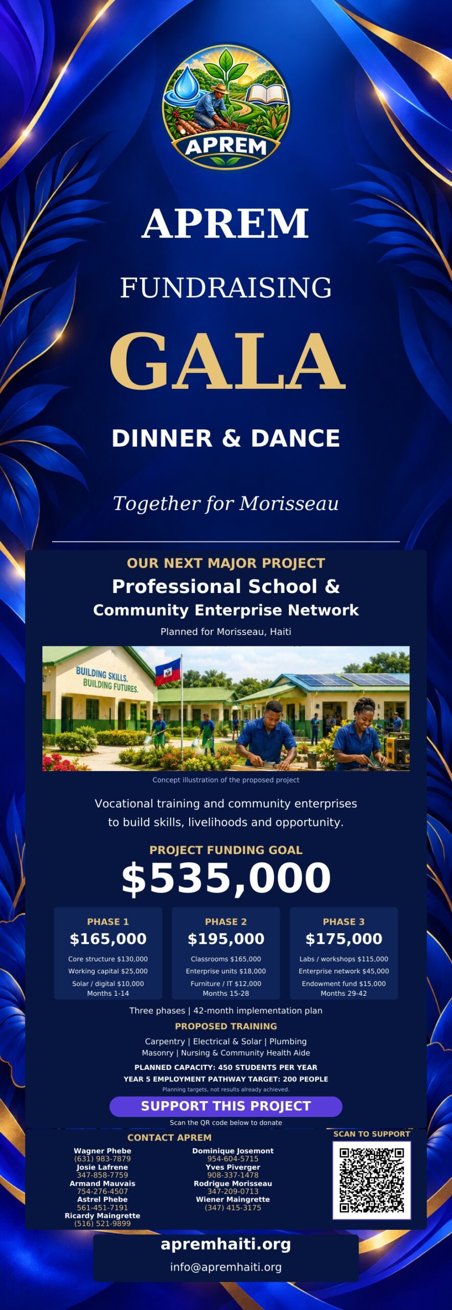 APREM Dinner & Dance welcome banner featuring the proposed Morisseau vocational school, its three funding phases and APREM contact information.