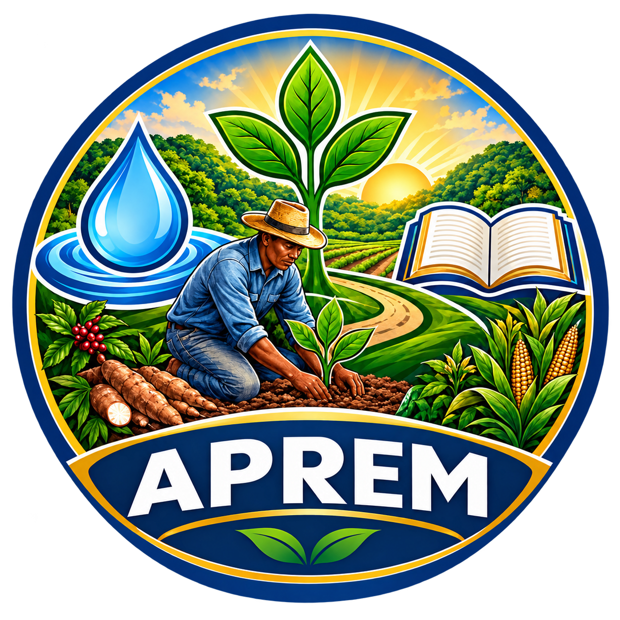 APREM emblem featuring a farmer, crops, a water droplet and an open book.