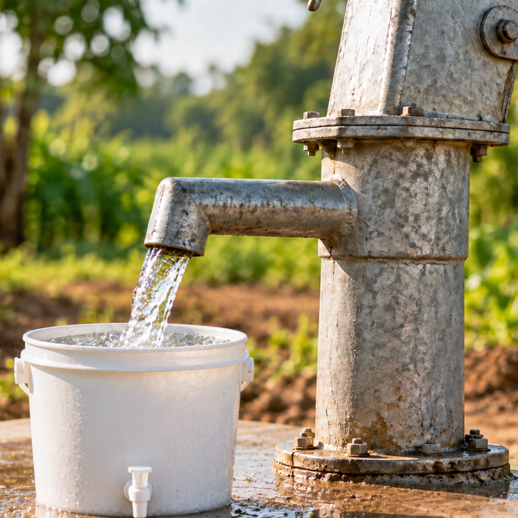 Illustration of a water pump and bucket; not an APREM well photograph.