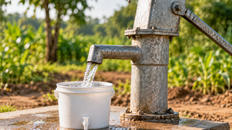 Illustration of a water pump filling a plain white plastic bucket; not a photograph of an APREM well.