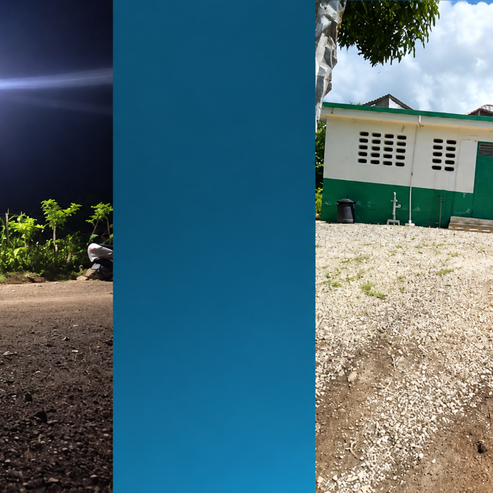 Enhanced archival collage of a lit road at night and a community building in Morisseau.